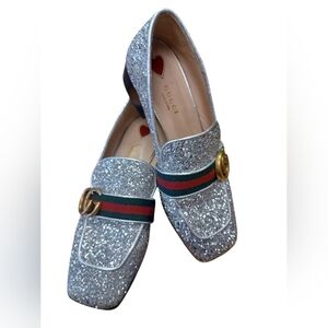 Gucci EUC Marmont Loafer Block Heel Glitter Silver Shoe Size 36.5